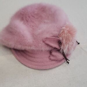 FORBUSITE French Beret Floral Winter Hat Pink Angora Wool Blend Chic Fuzzy